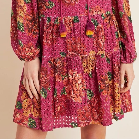 Anthropologie Farm Rio Pink Eyelet Tiered Tunic Mini Dress Size Large - Picture 2 of 7